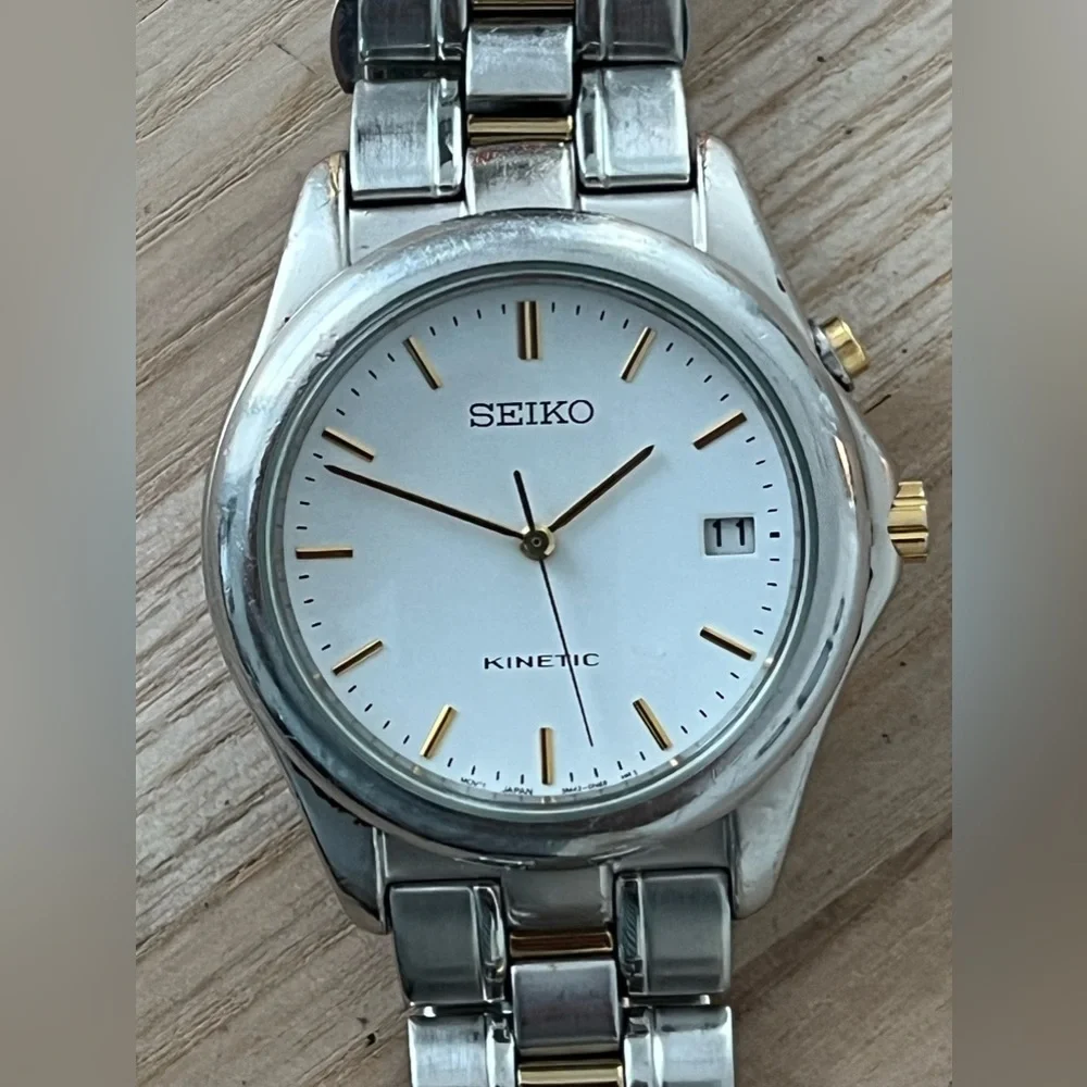 Seiko Kinetic Automatic Vintage Men’s Watch Two-Tone Bracelet White Dial Date